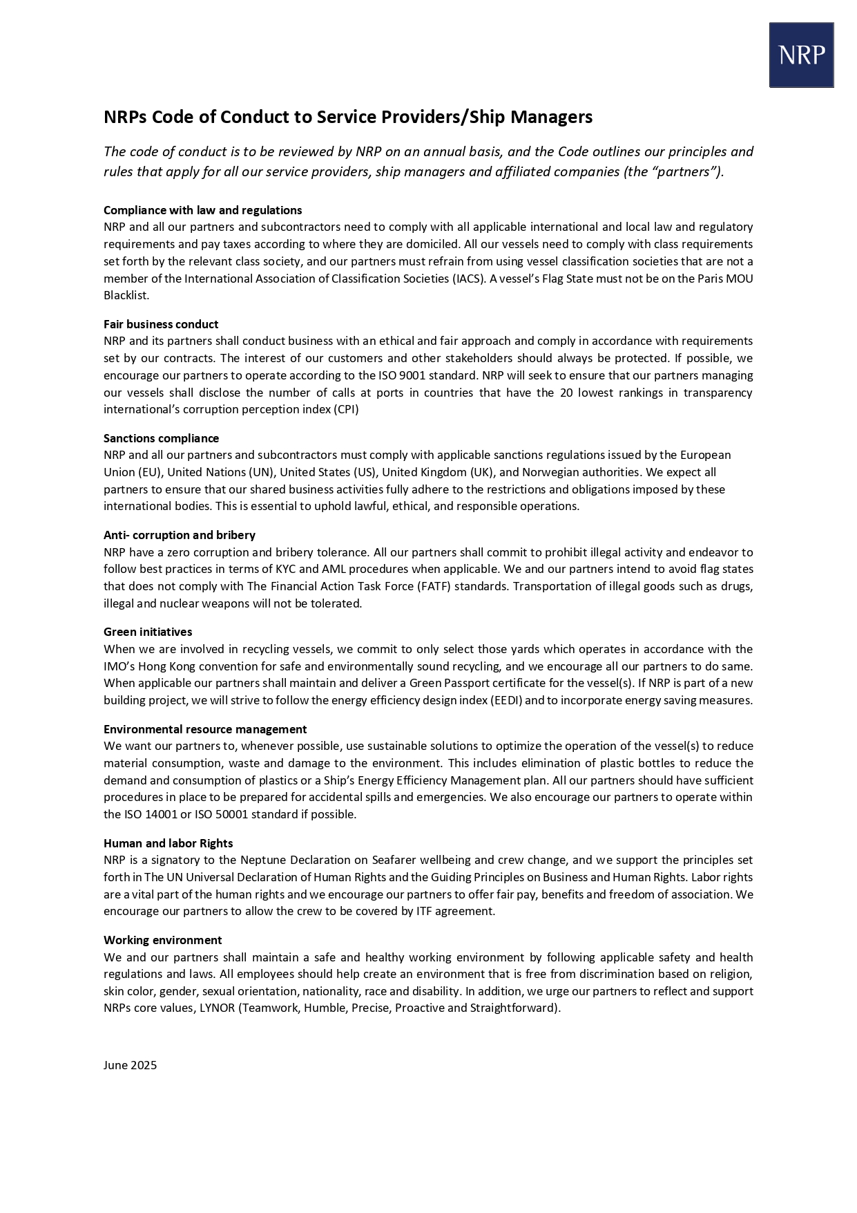 NRP Code Of Conduct
